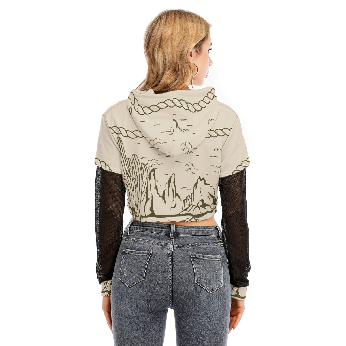 All-Over Print Women's Fake Two-piece Mesh Sleeve Cropped Hoodie