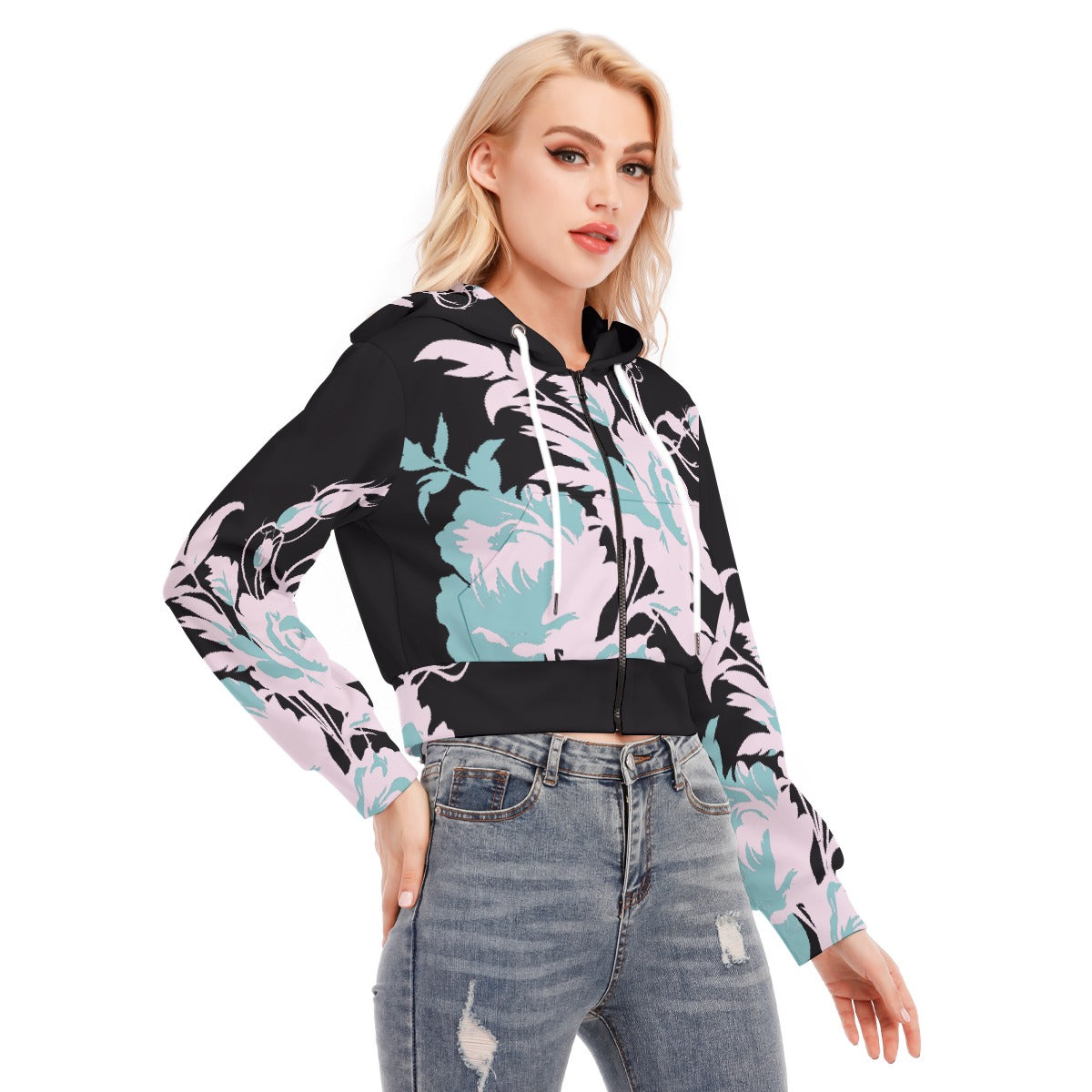 All-Over Print Women's Crop Top Hoodie With Zipper Closure