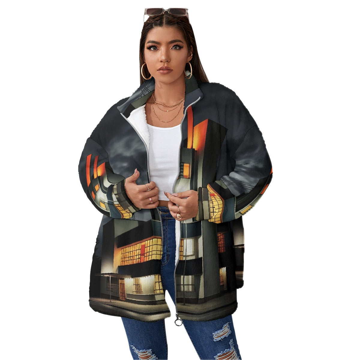 All-Over Print Unisex Borg Fleece Stand-up Collar Coat With Zipper Closure(Plus Size)