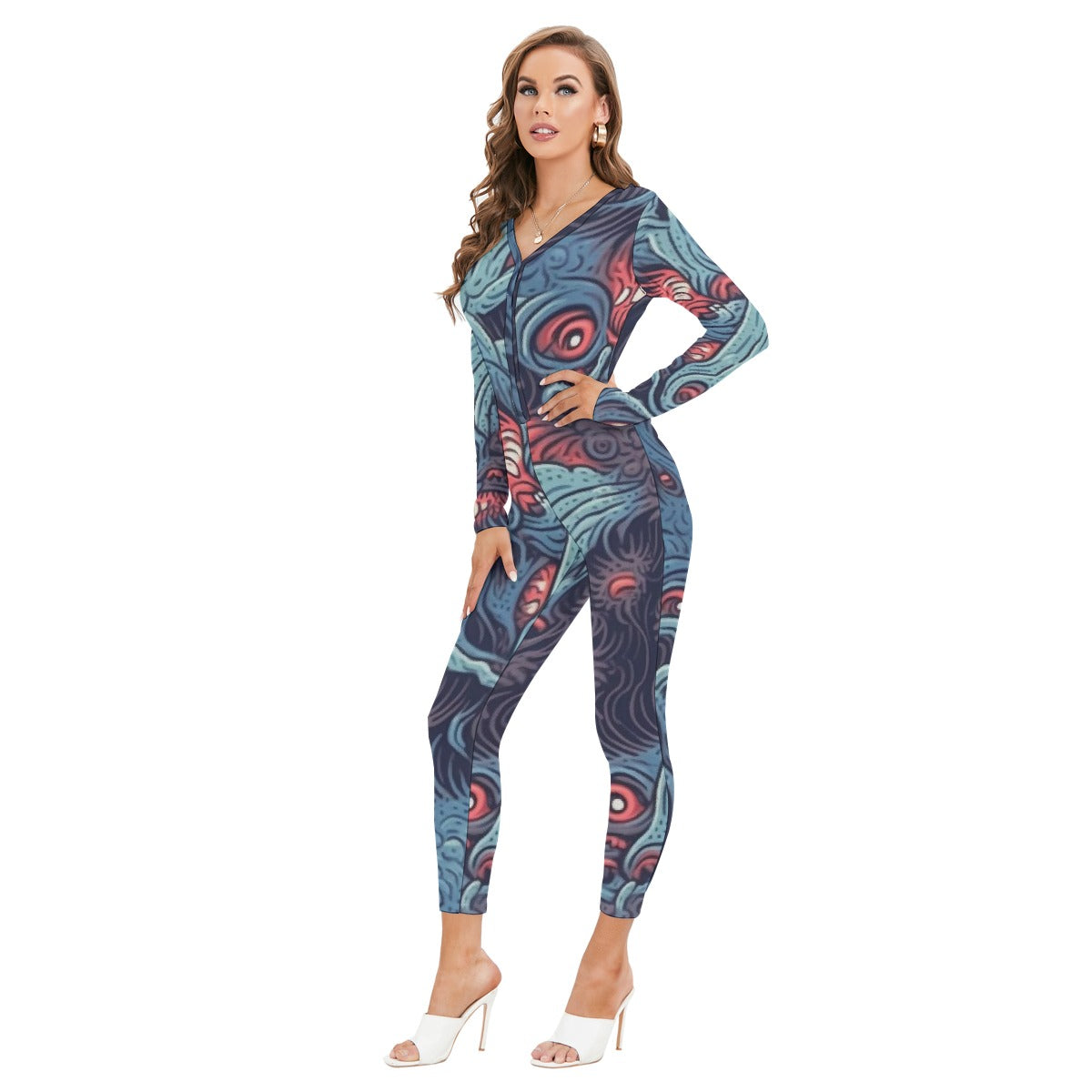 All-Over Print Women's Plunging Neck Jumpsuit