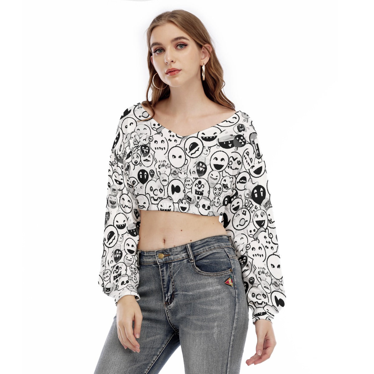 All-Over Print Women's V-neck Long Sleeve Cropped Sweatshirt