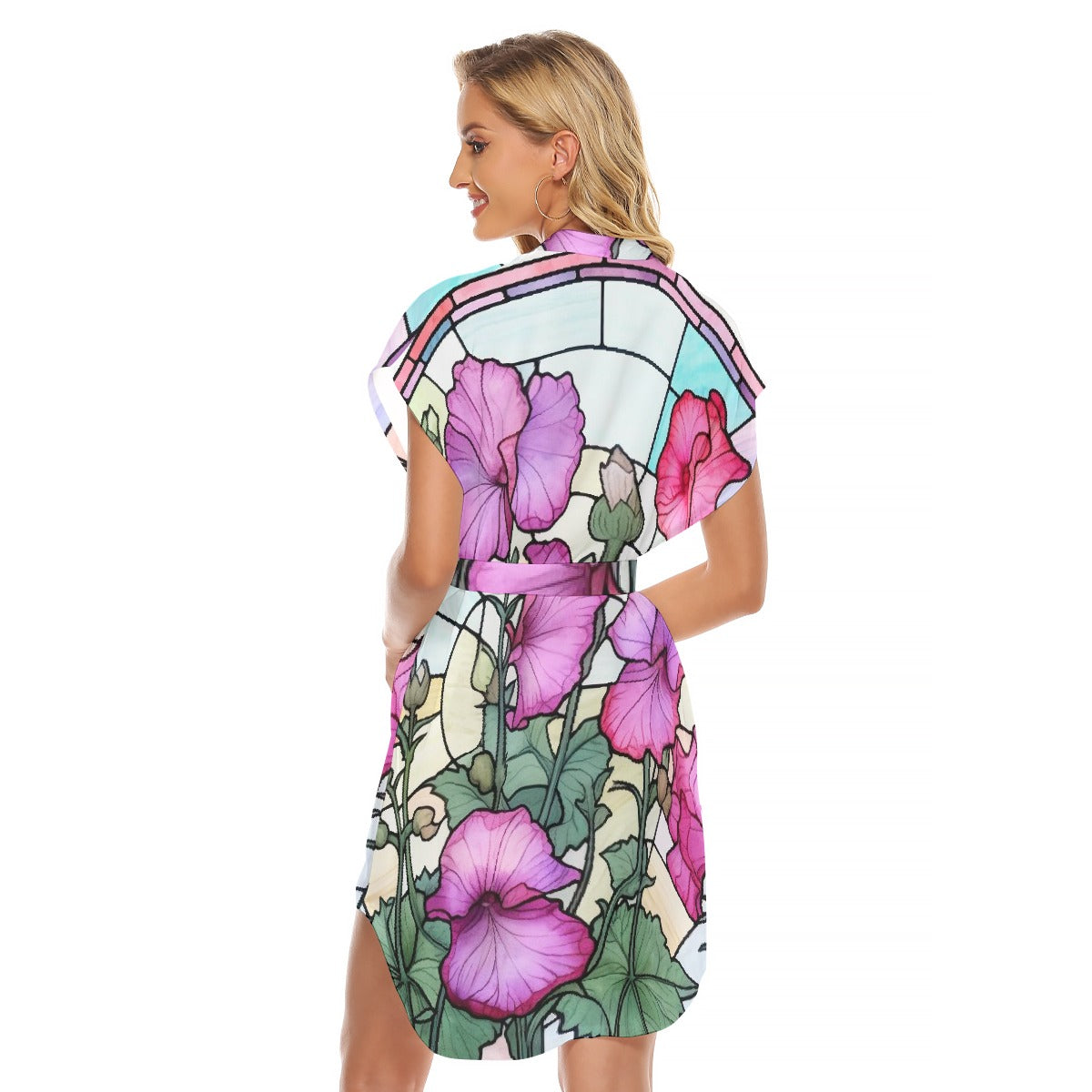 All-Over Print Women's Stand-up Collar Casual Dress With Belt