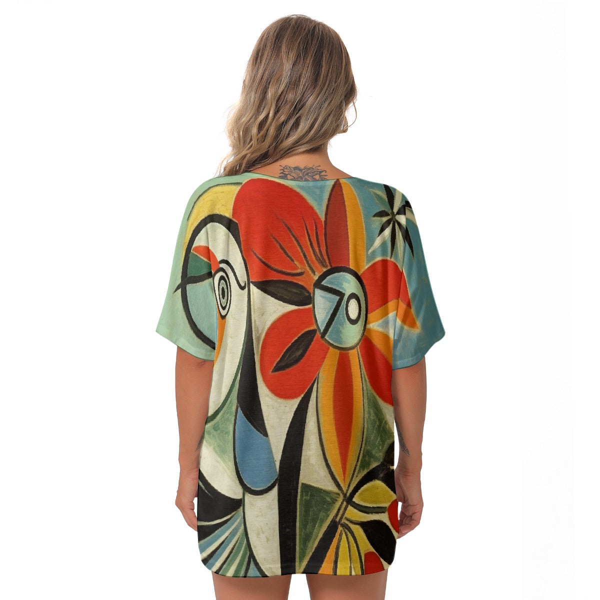 All-Over Print Women's Bat Sleeves V-Neck Blouse