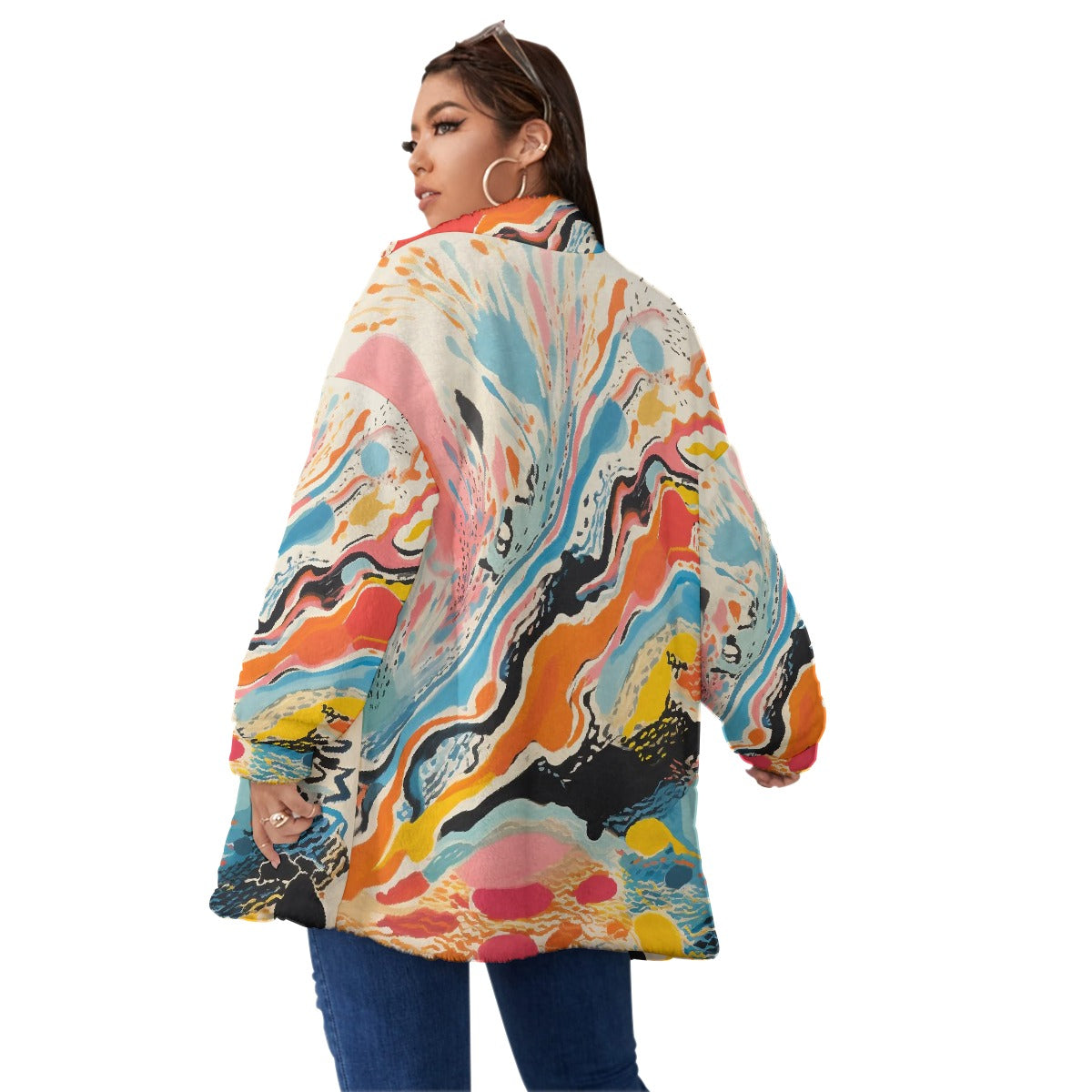 All-Over Print Unisex Borg Fleece Stand-up Collar Coat With Zipper Closure(Plus Size)