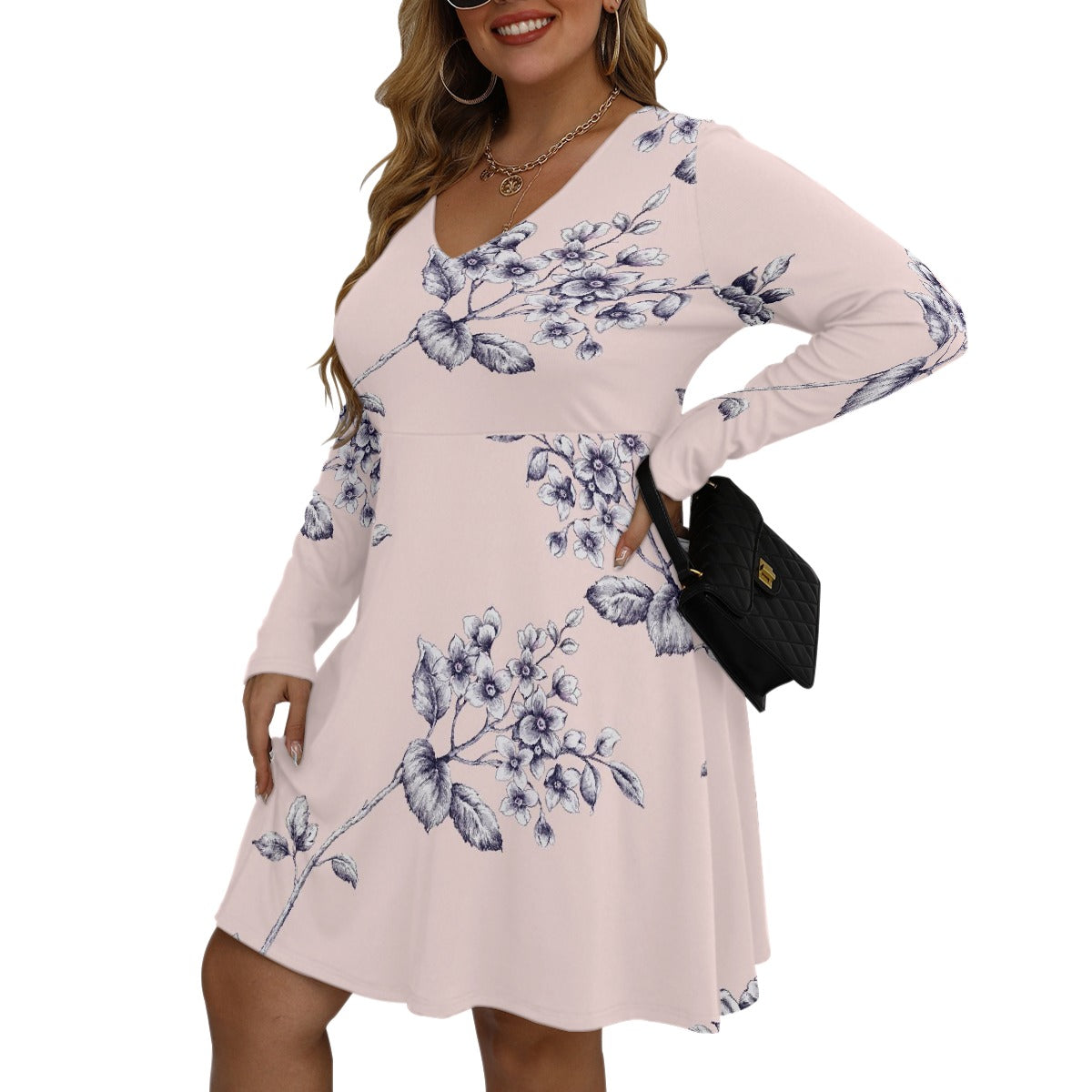 All-Over Print Women's V-neck Long Sleeve Dress(Plus Size)