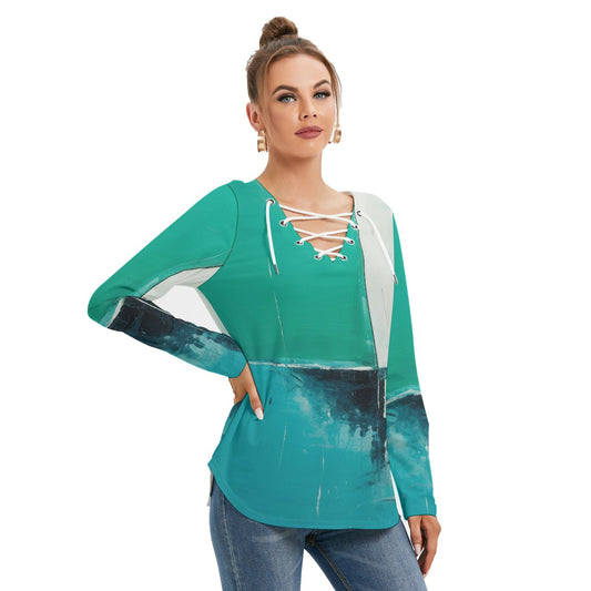 All-Over Print Women's Long Sleeve Neckline Tie Sweatshirt