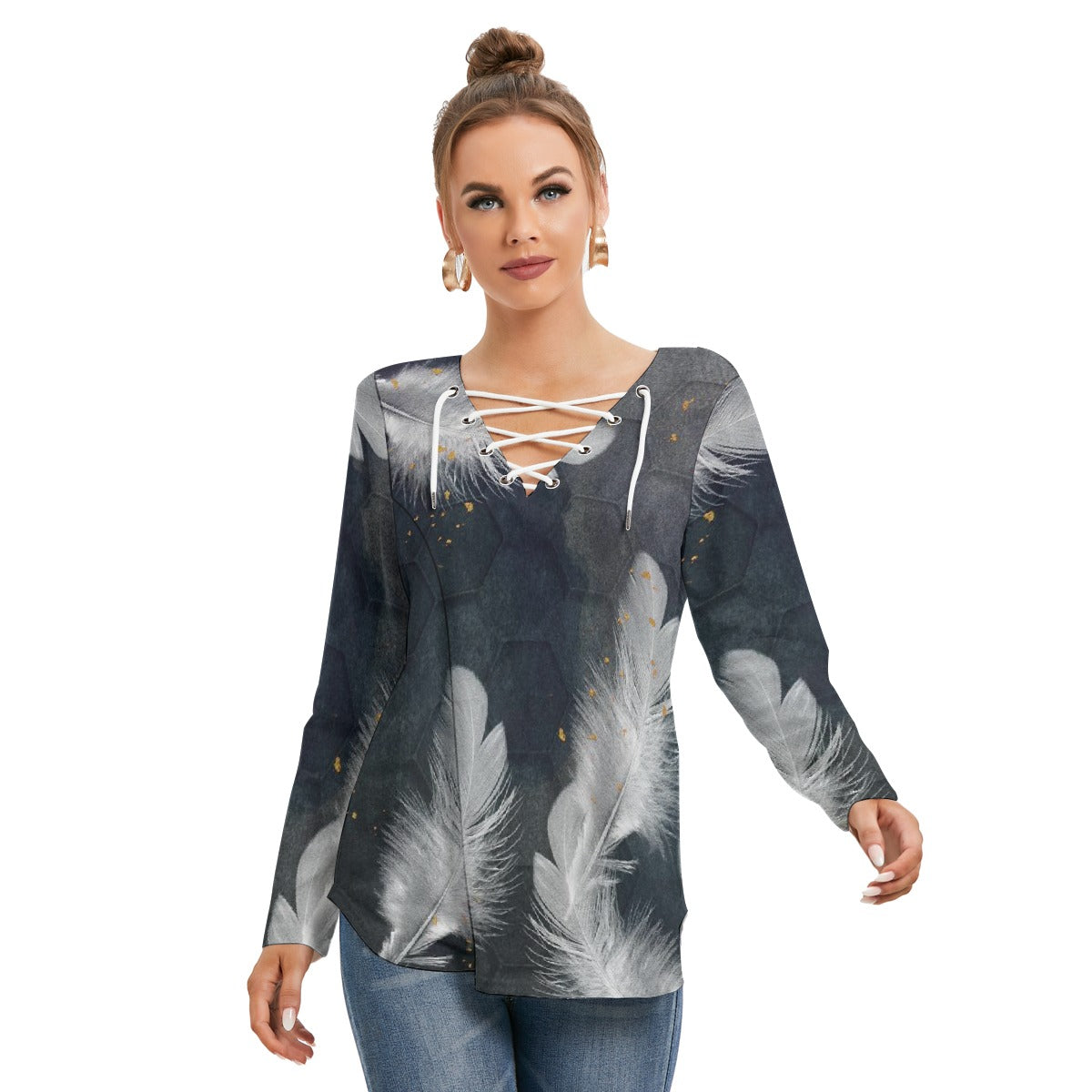 All-Over Print Women's Long Sleeve Neckline Tie Sweatshirt