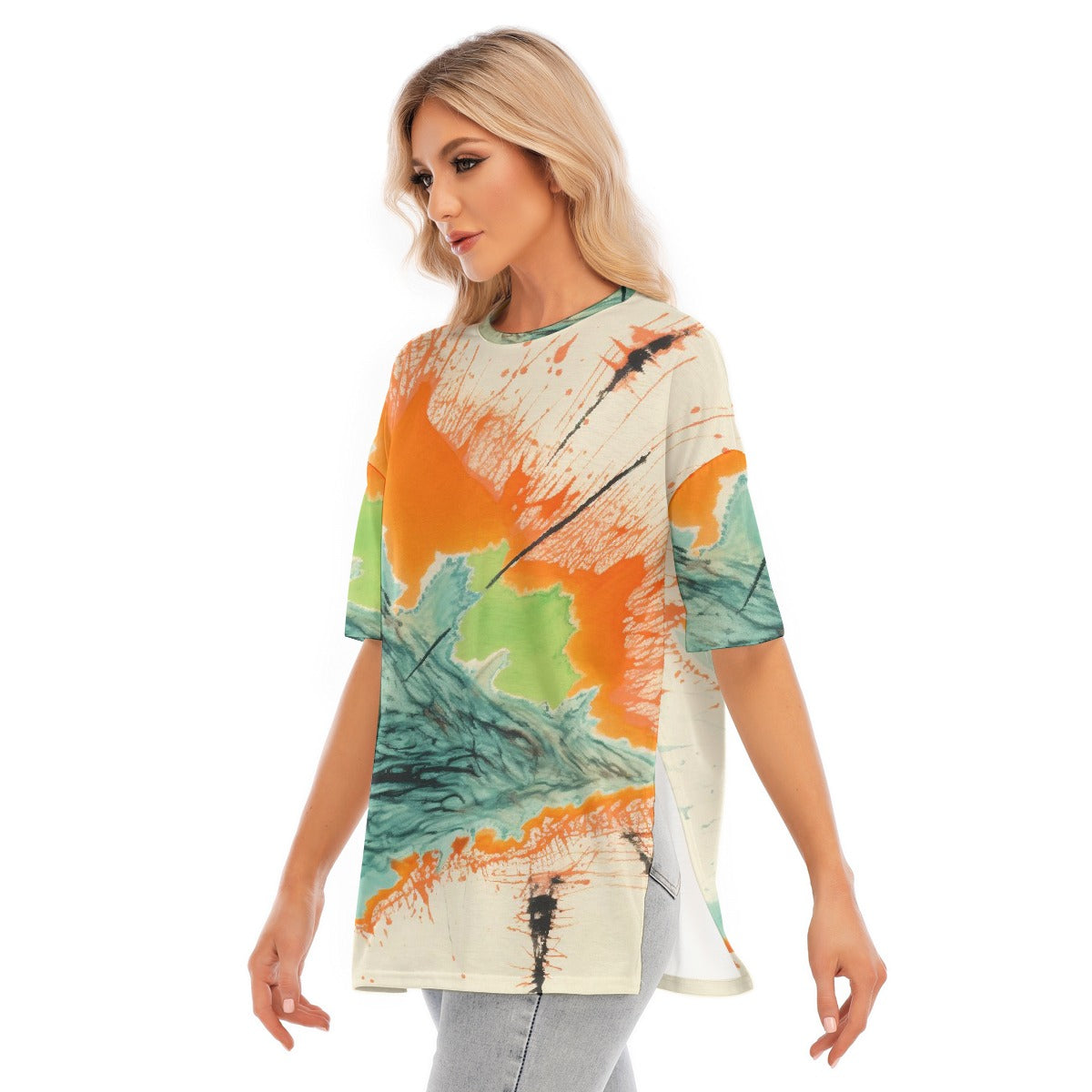 All-Over Print Women's Short Sleeves T-shirt With Hem Split