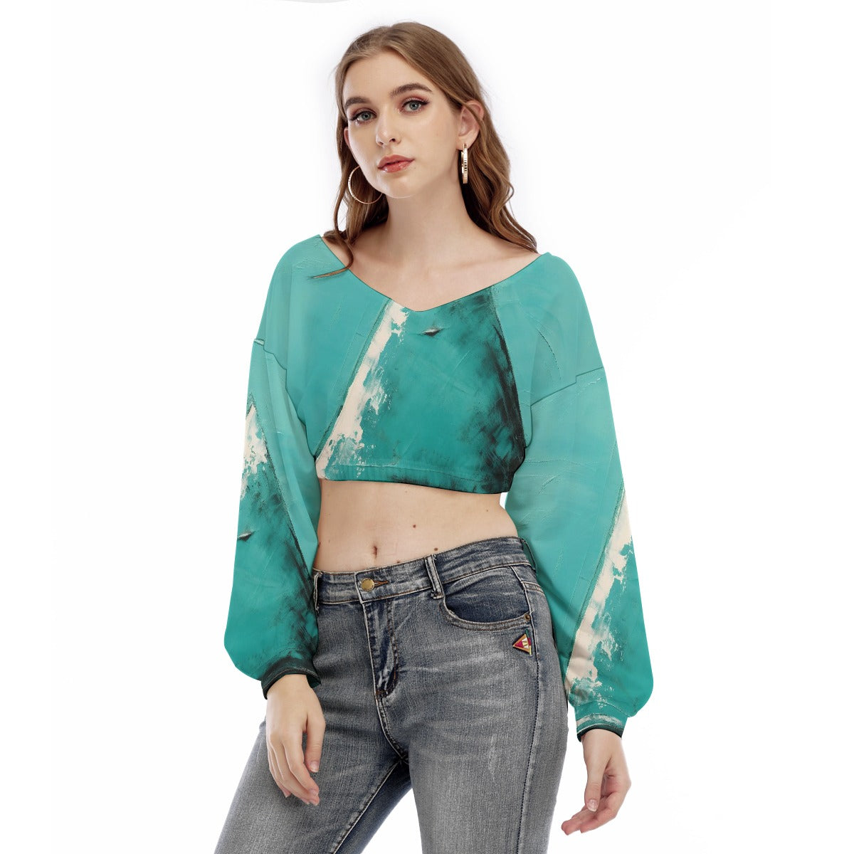 All-Over Print Women's V-neck Long Sleeve Cropped Sweatshirt