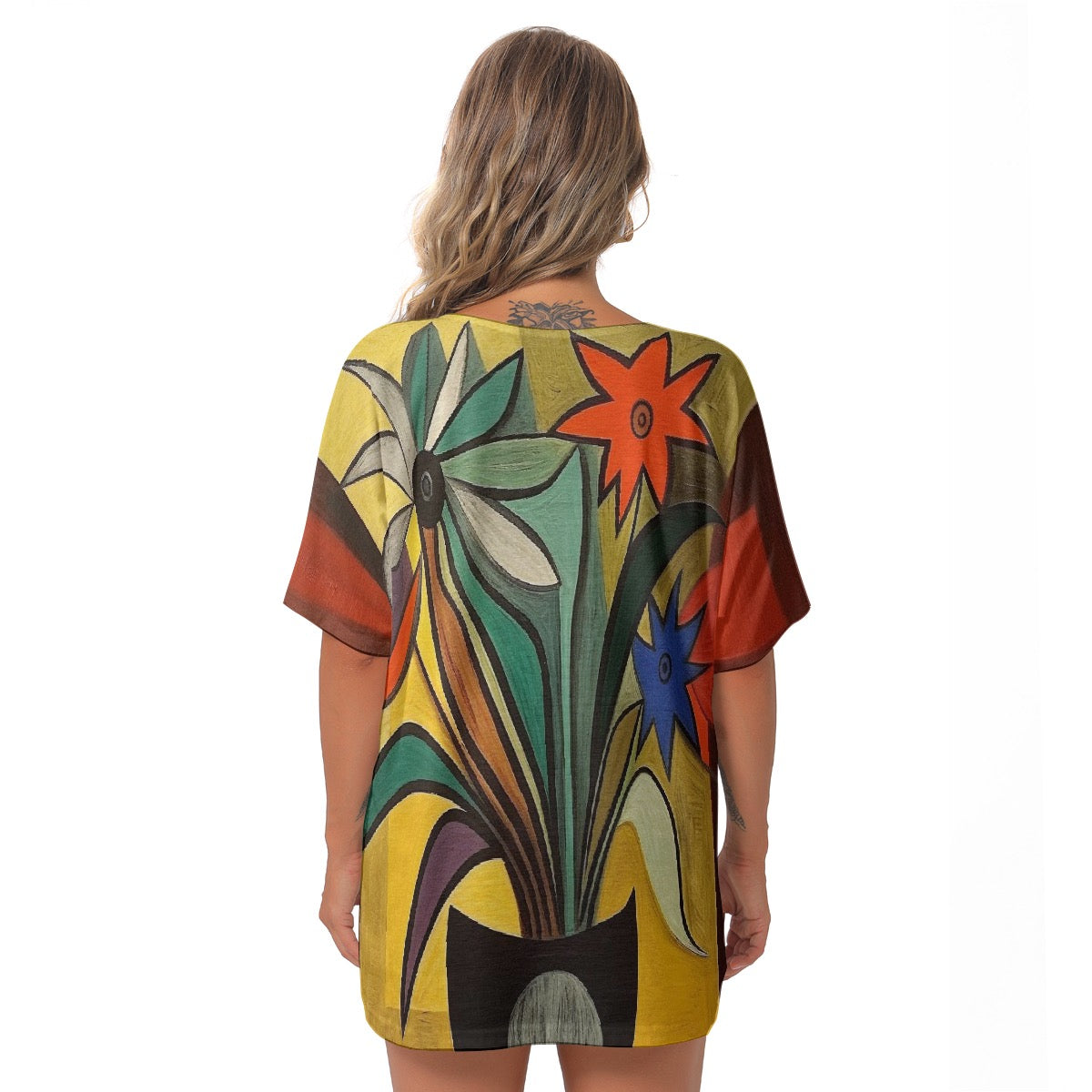 All-Over Print Women's Bat Sleeves V-Neck Blouse