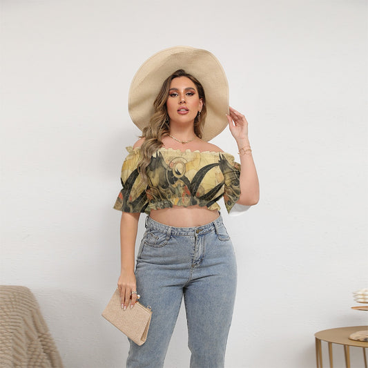 All-Over Print Women's Off-shoulder Cropped Top With Short Puff Sleeve