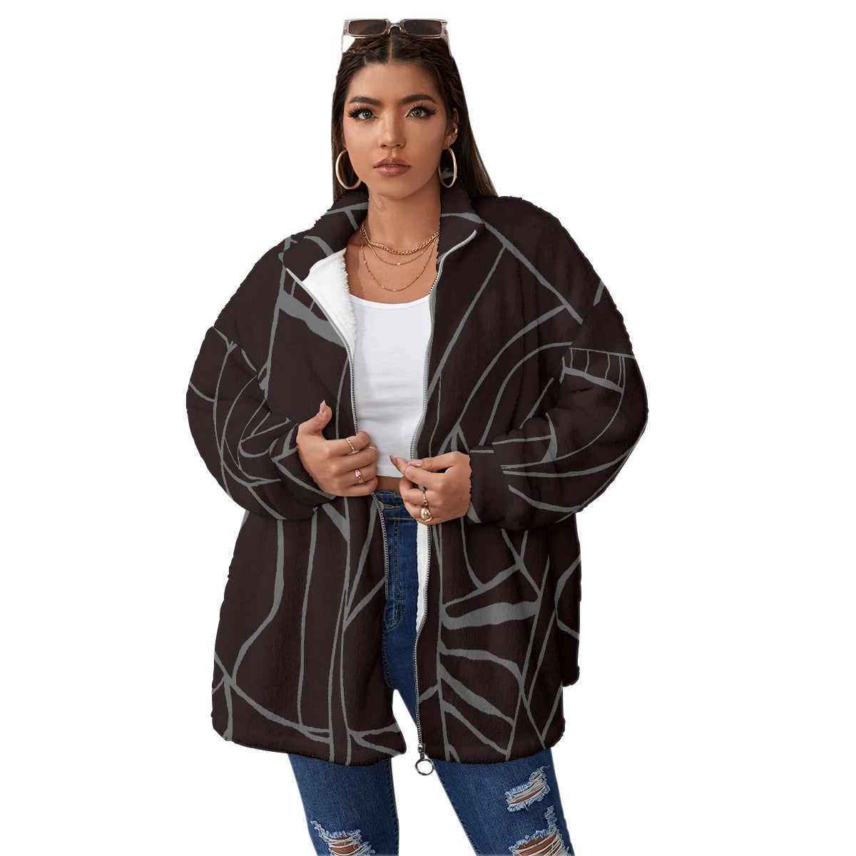 All-Over Print Unisex Borg Fleece Stand-up Collar Coat With Zipper Closure(Plus Size)