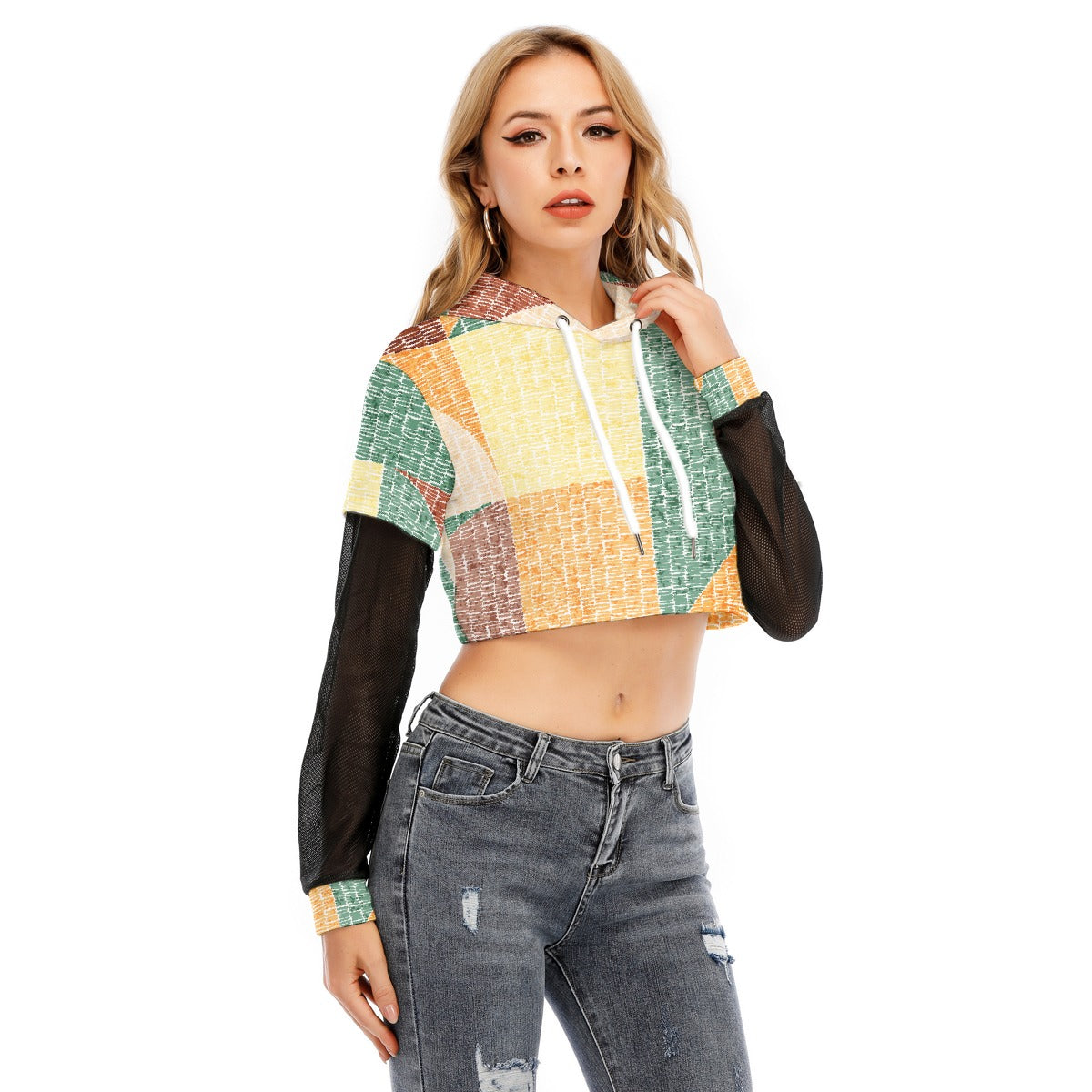 All-Over Print Women's Fake Two-piece Mesh Sleeve Cropped Hoodie