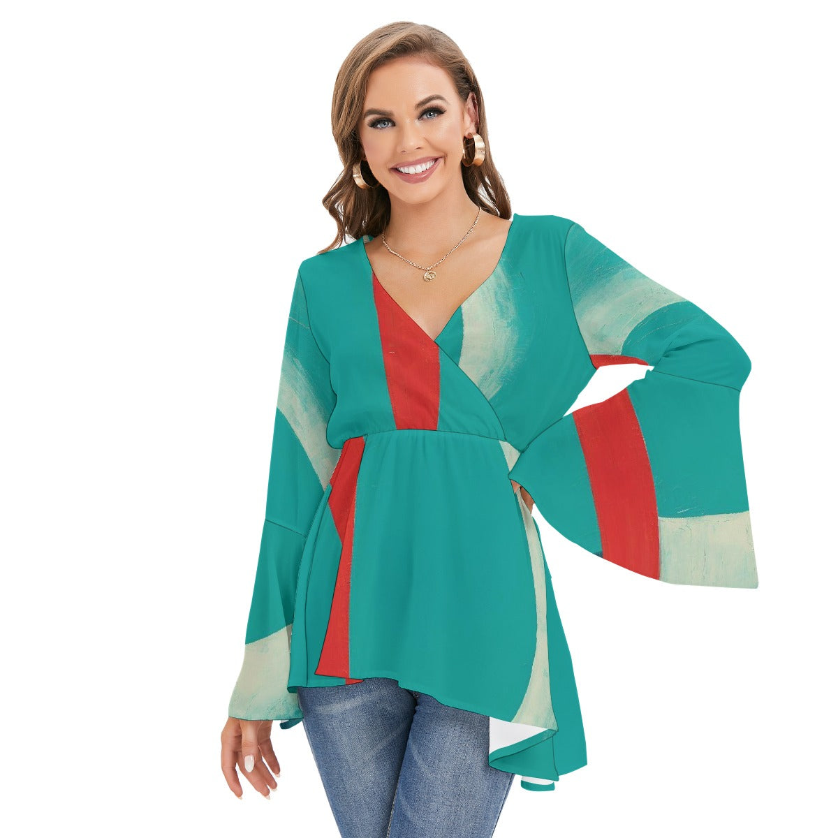 All-Over Print Women's V-neck Blouse With Flared Sleeves