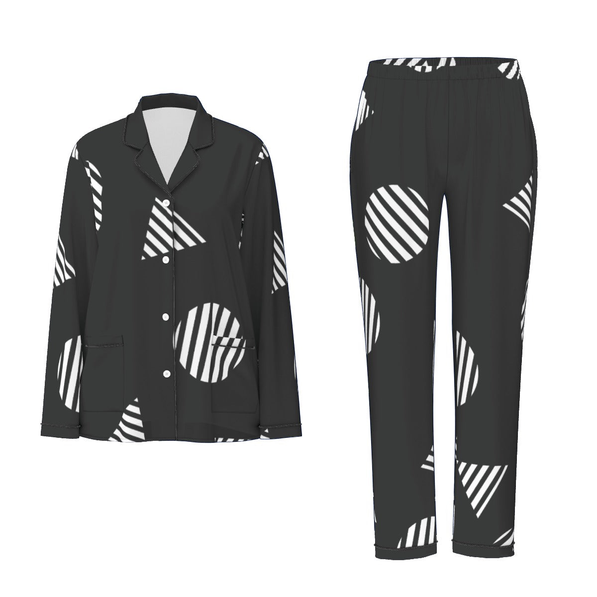 All-Over Print Women's Long Sleeve Pajama Set With Black Contrast Piping