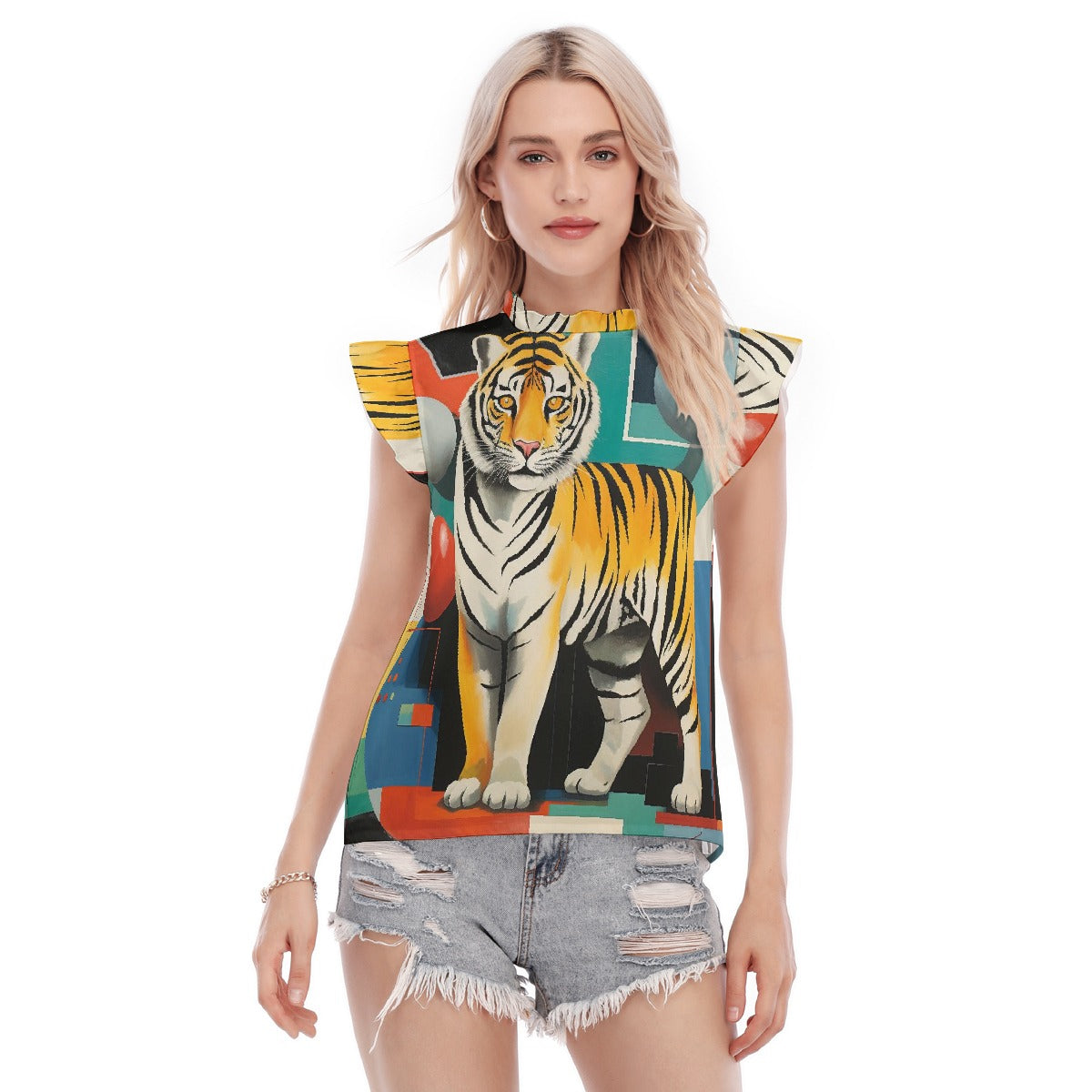 All-Over Print Women's Blouse With Ruffle Collar And Sleeve