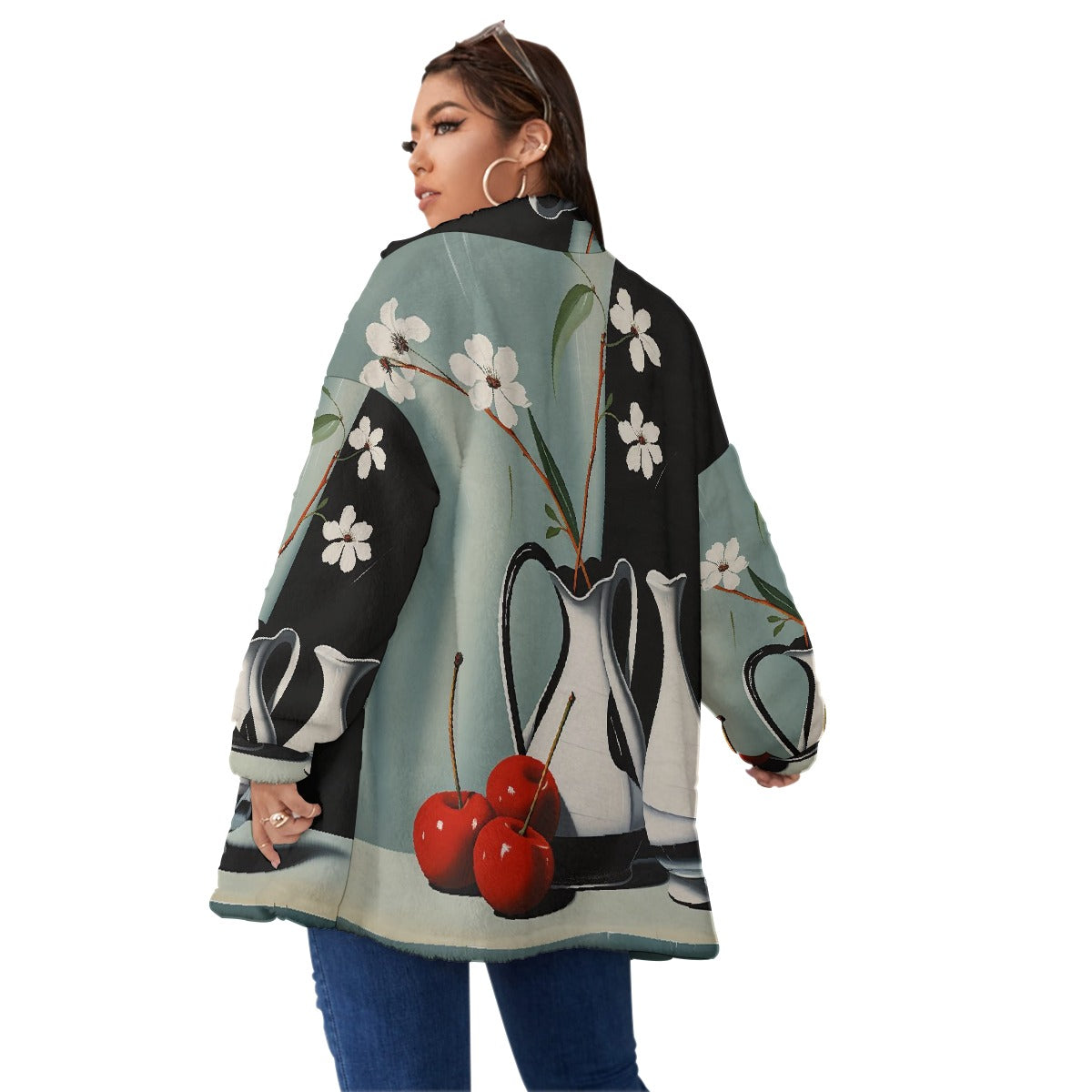 All-Over Print Unisex Borg Fleece Stand-up Collar Coat With Zipper Closure(Plus Size)