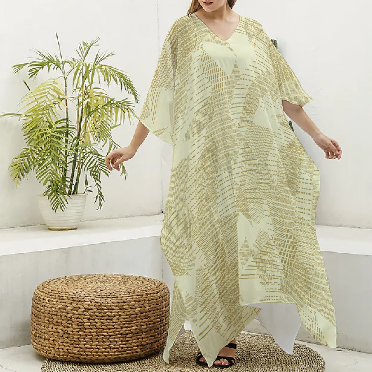 All-Over Print Women's Imitation Silk V-neck Kaftan Robe