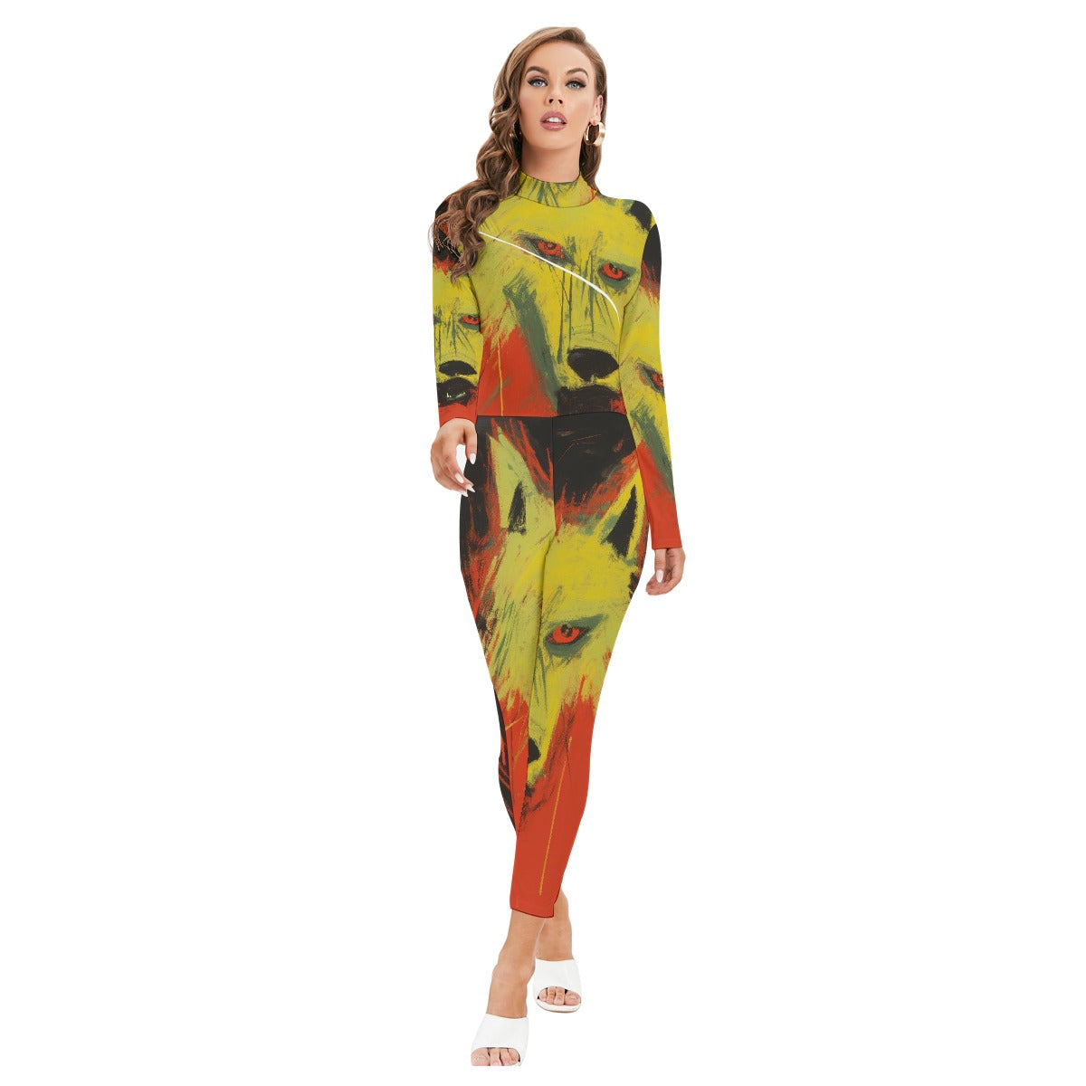 All-Over Print Women's Long-sleeved High-neck Jumpsuit With Zipper