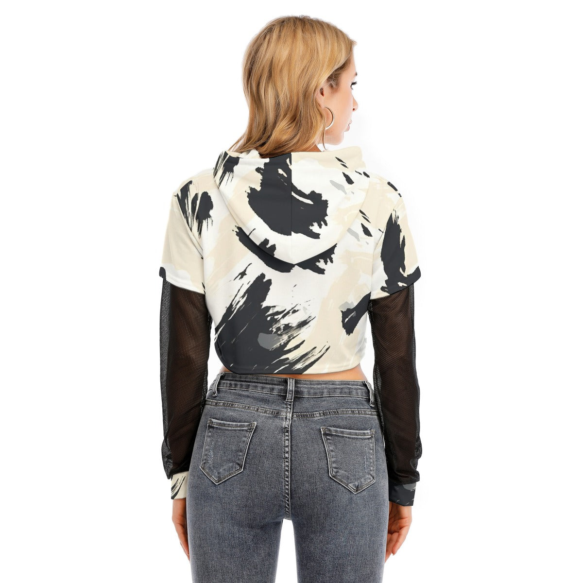 All-Over Print Women's Fake Two-piece Mesh Sleeve Cropped Hoodie