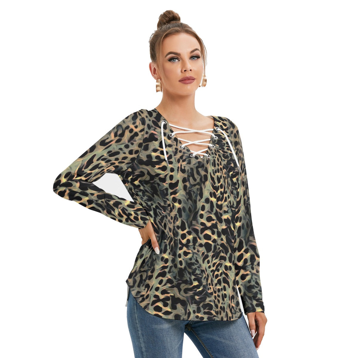 All-Over Print Women's Long Sleeve Neckline Tie Sweatshirt