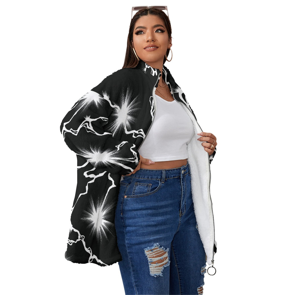 All-Over Print Unisex Borg Fleece Stand-up Collar Coat With Zipper Closure(Plus Size)