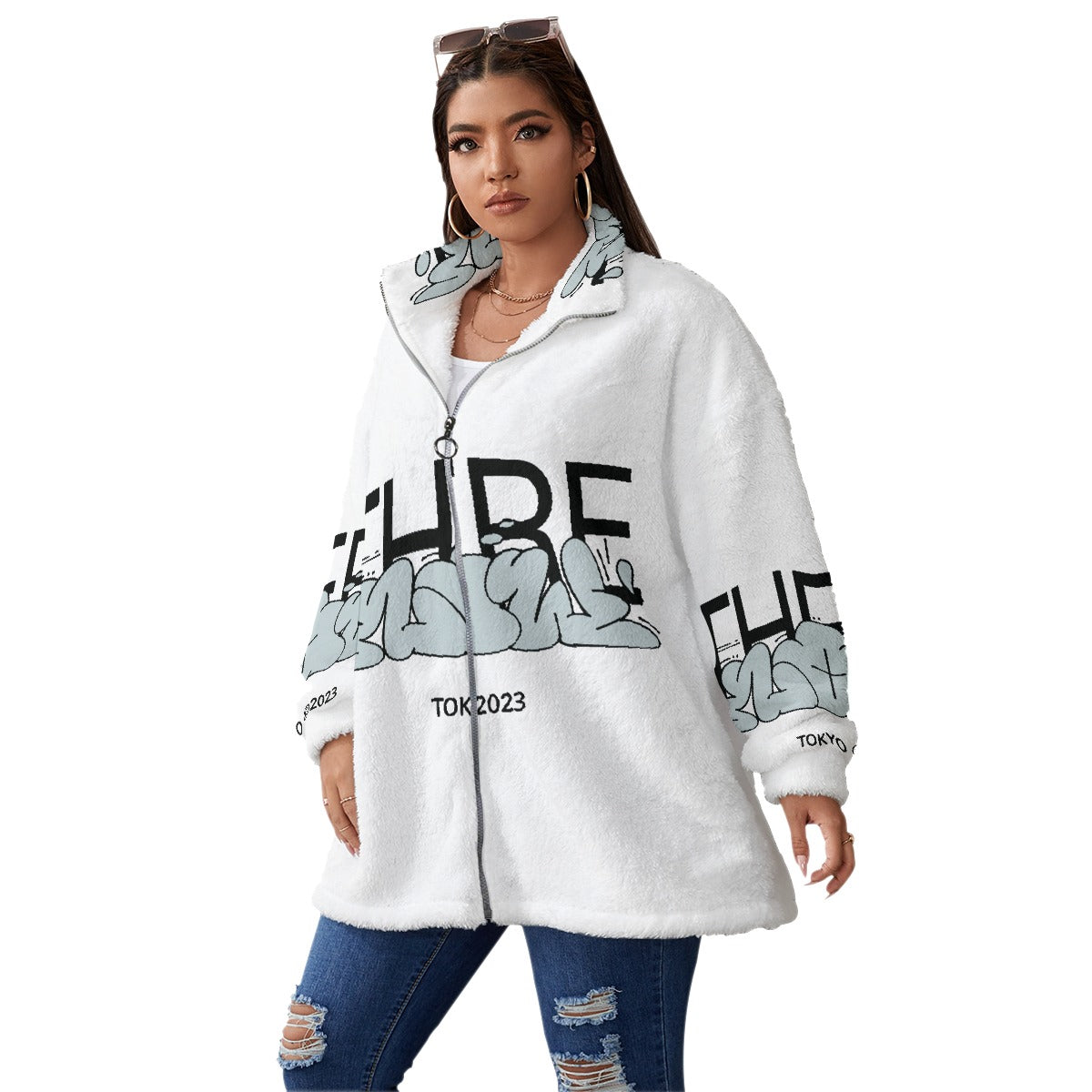 All-Over Print Unisex Borg Fleece Stand-up Collar Coat With Zipper Closure(Plus Size)