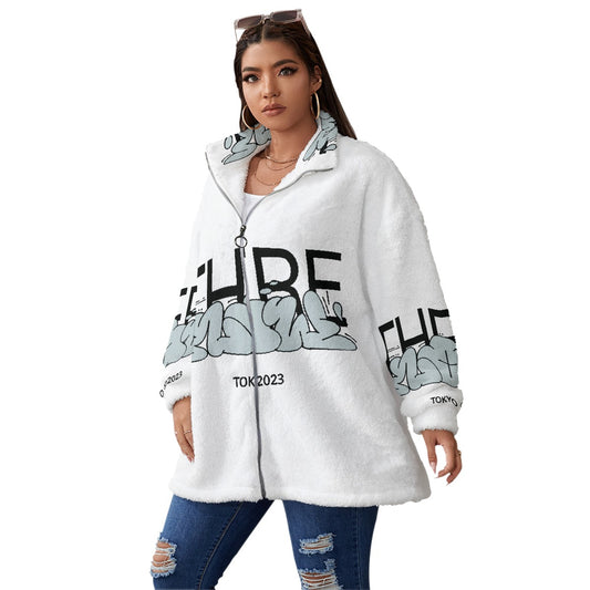 All-Over Print Unisex Borg Fleece Stand-up Collar Coat With Zipper Closure(Plus Size)