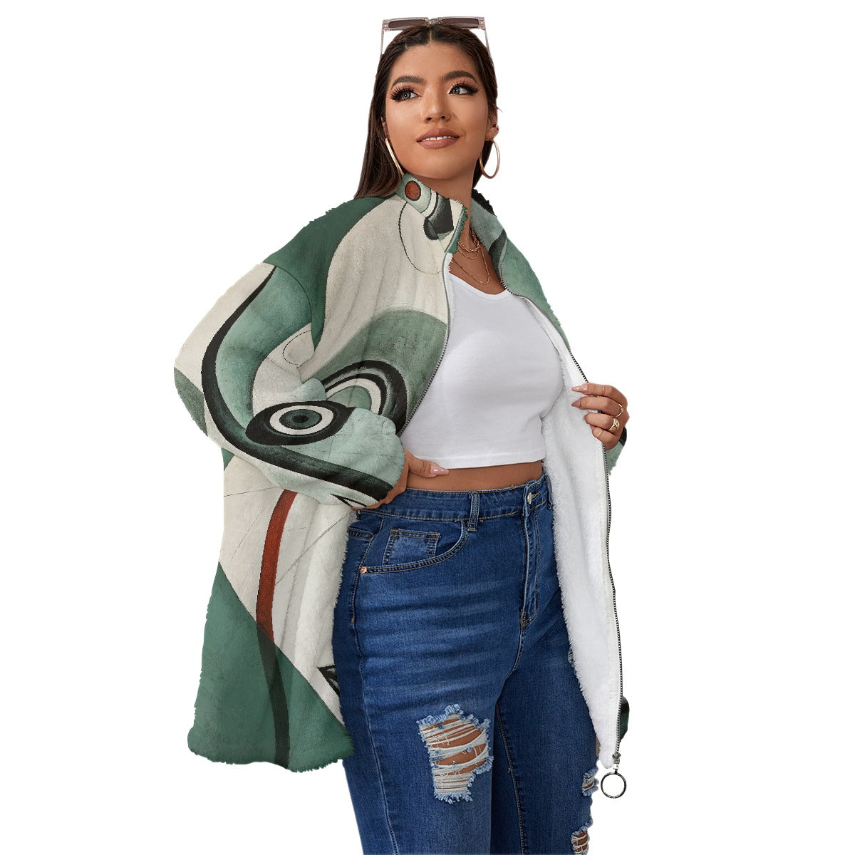 All-Over Print Unisex Borg Fleece Stand-up Collar Coat With Zipper Closure(Plus Size)