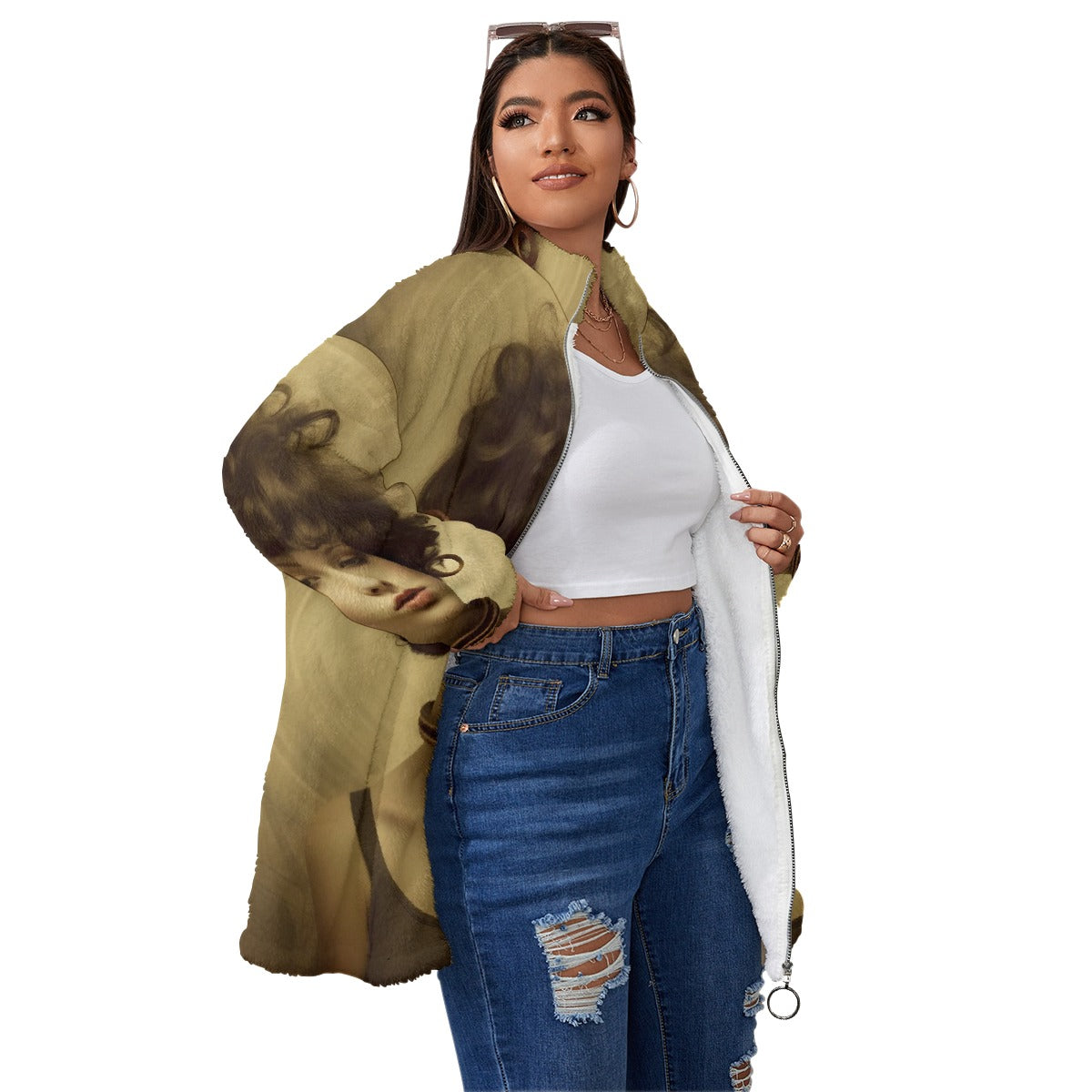 All-Over Print Unisex Borg Fleece Stand-up Collar Coat With Zipper Closure(Plus Size)