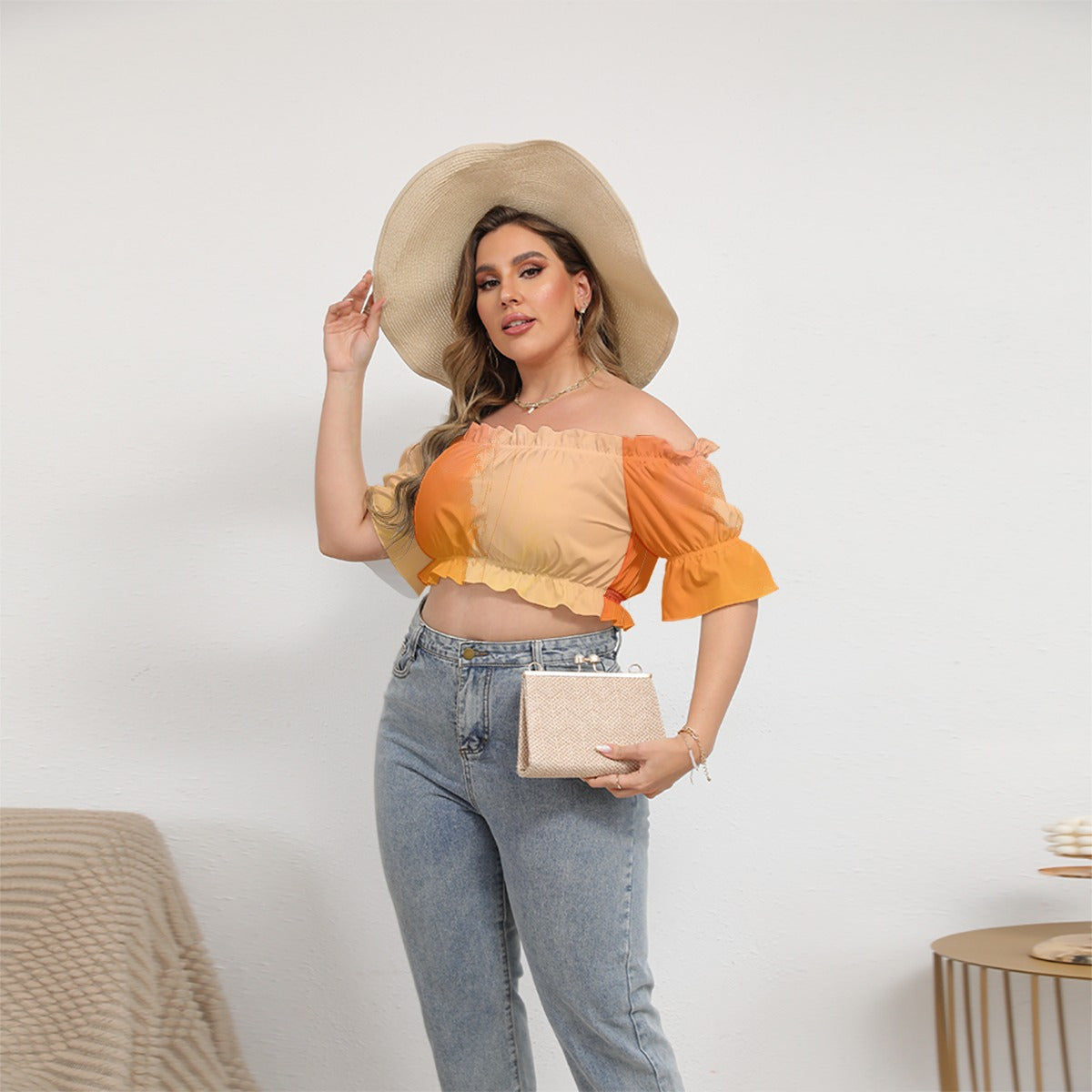 All-Over Print Women's Off-shoulder Cropped Top With Short Puff Sleeve