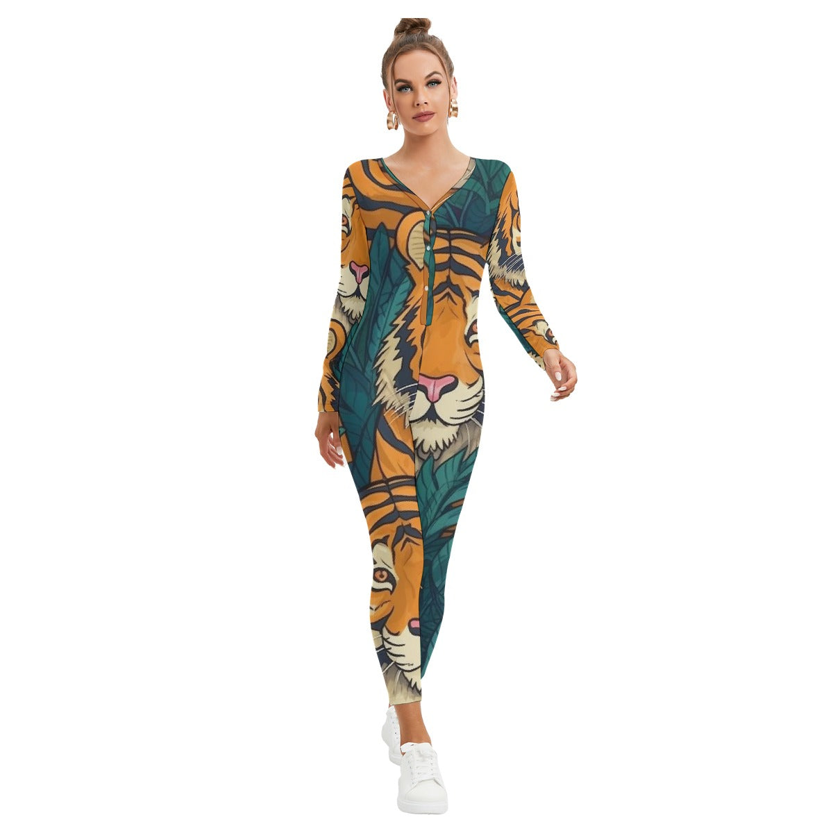 All-Over Print Women's Plunging Neck Jumpsuit