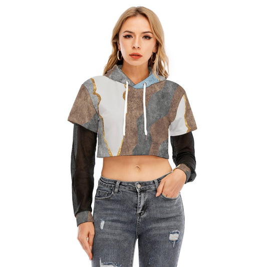 All-Over Print Women's Fake Two-piece Mesh Sleeve Cropped Hoodie