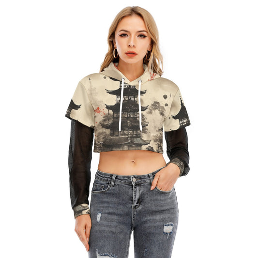 All-Over Print Women's Fake Two-piece Mesh Sleeve Cropped Hoodie