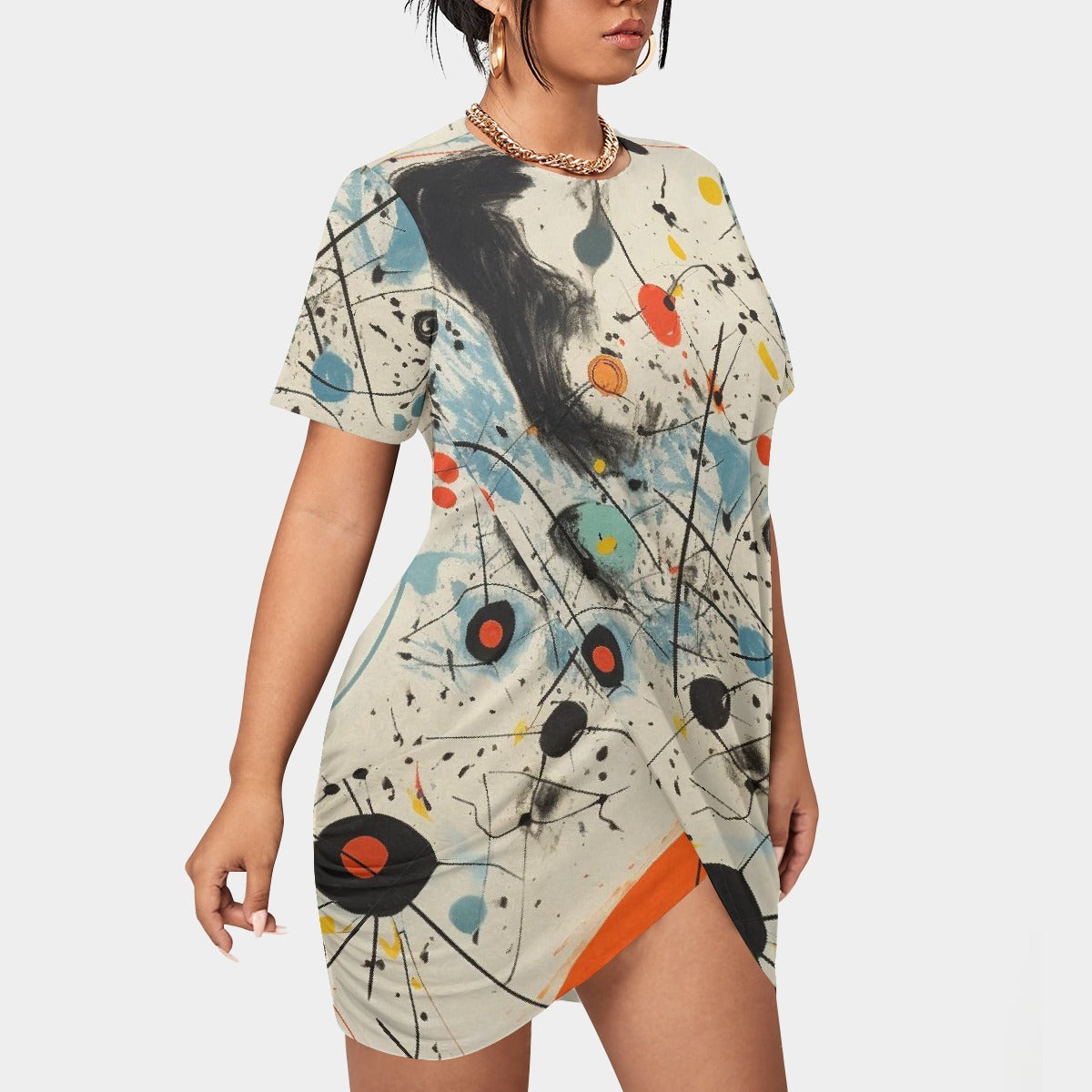 All-Over Print Women’s Stacked Hem Dress With Short Sleeve（Plus Size）