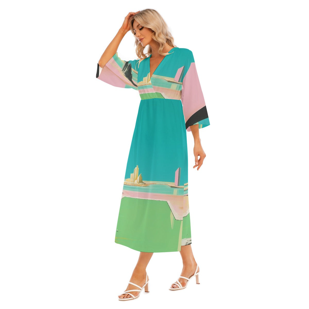 All-Over Print Women's Mid-Sleeve Long Dress