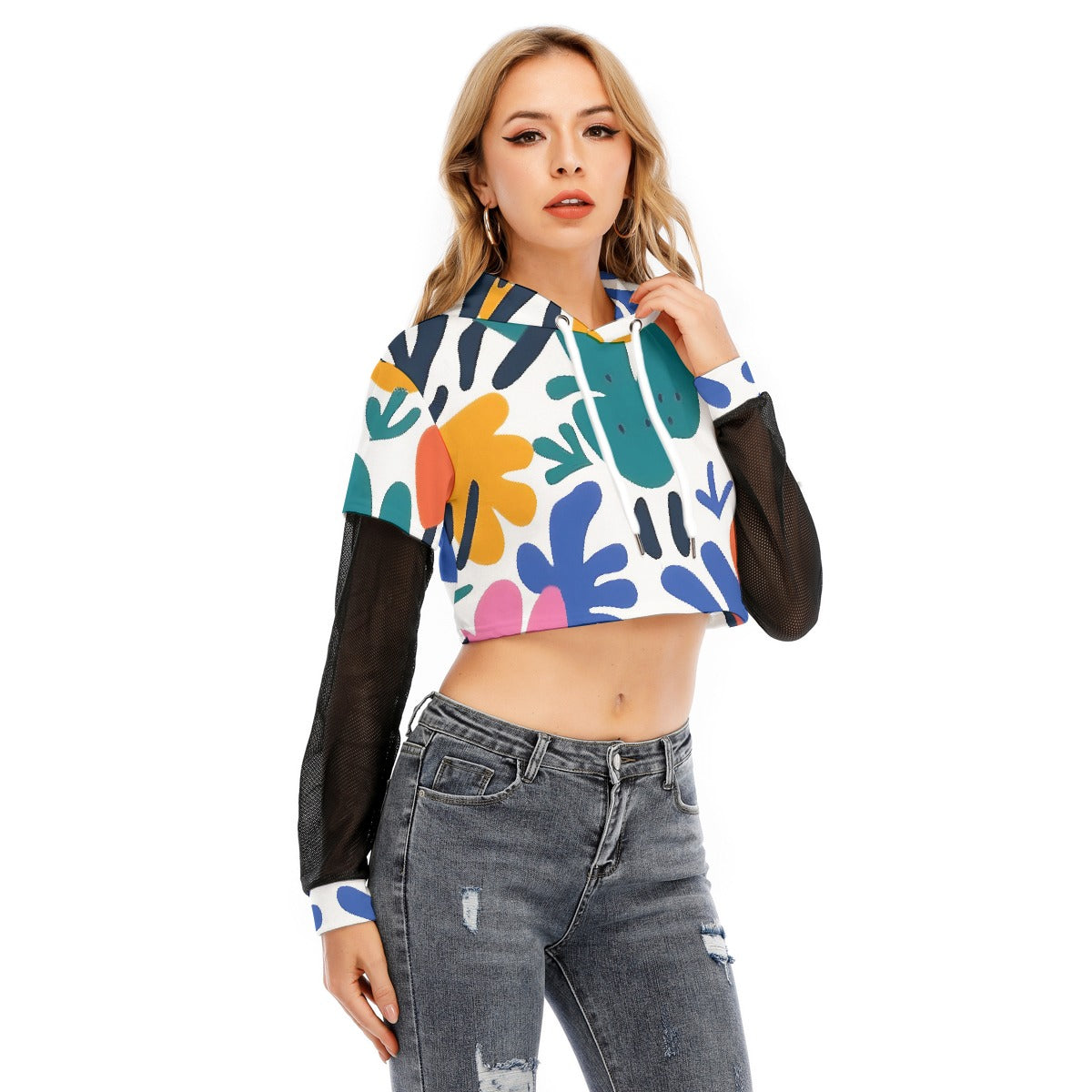 All-Over Print Women's Fake Two-piece Mesh Sleeve Cropped Hoodie