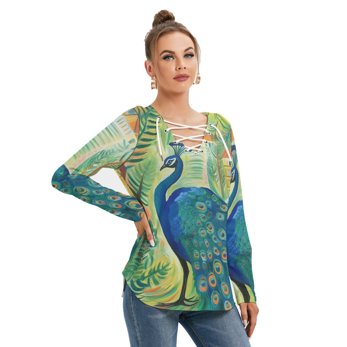 All-Over Print Women's Long Sleeve Neckline Tie Sweatshirt