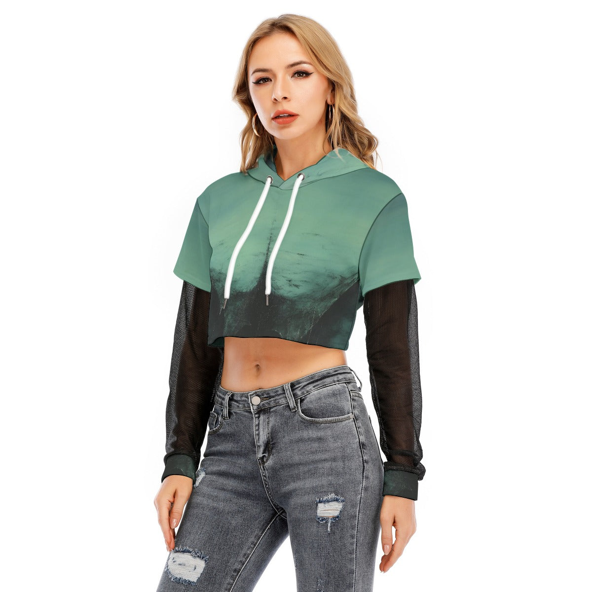 All-Over Print Women's Fake Two-piece Mesh Sleeve Cropped Hoodie