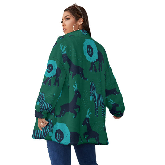 All-Over Print Unisex Borg Fleece Stand-up Collar Coat With Zipper Closure(Plus Size)