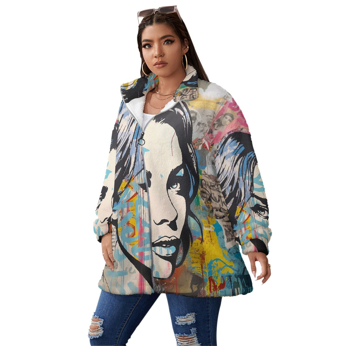 All-Over Print Unisex Borg Fleece Stand-up Collar Coat With Zipper Closure(Plus Size)