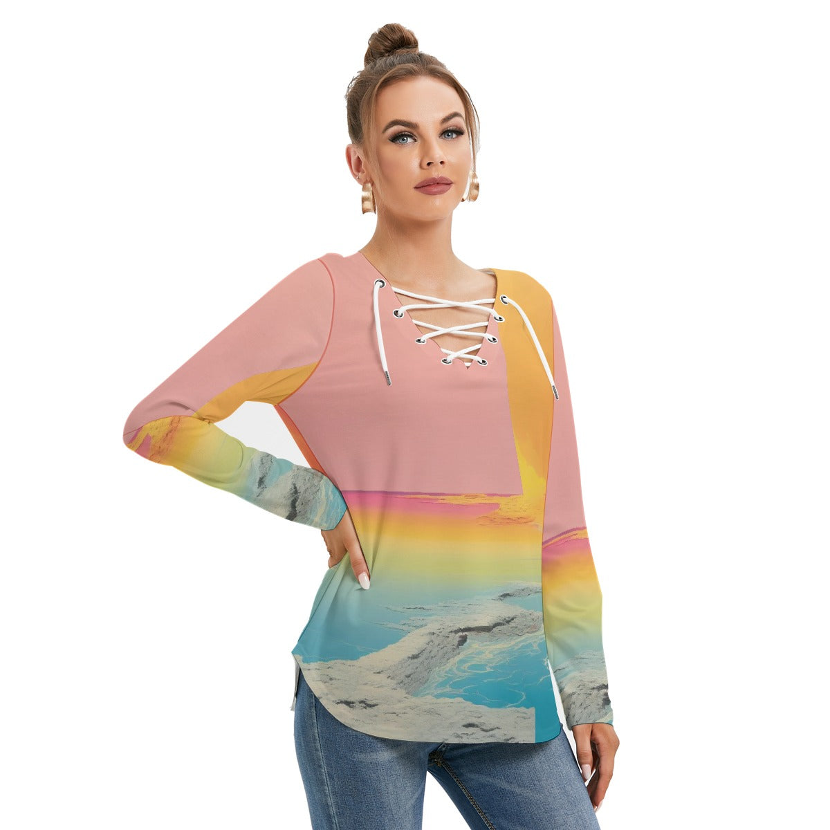 All-Over Print Women's Long Sleeve Neckline Tie Sweatshirt