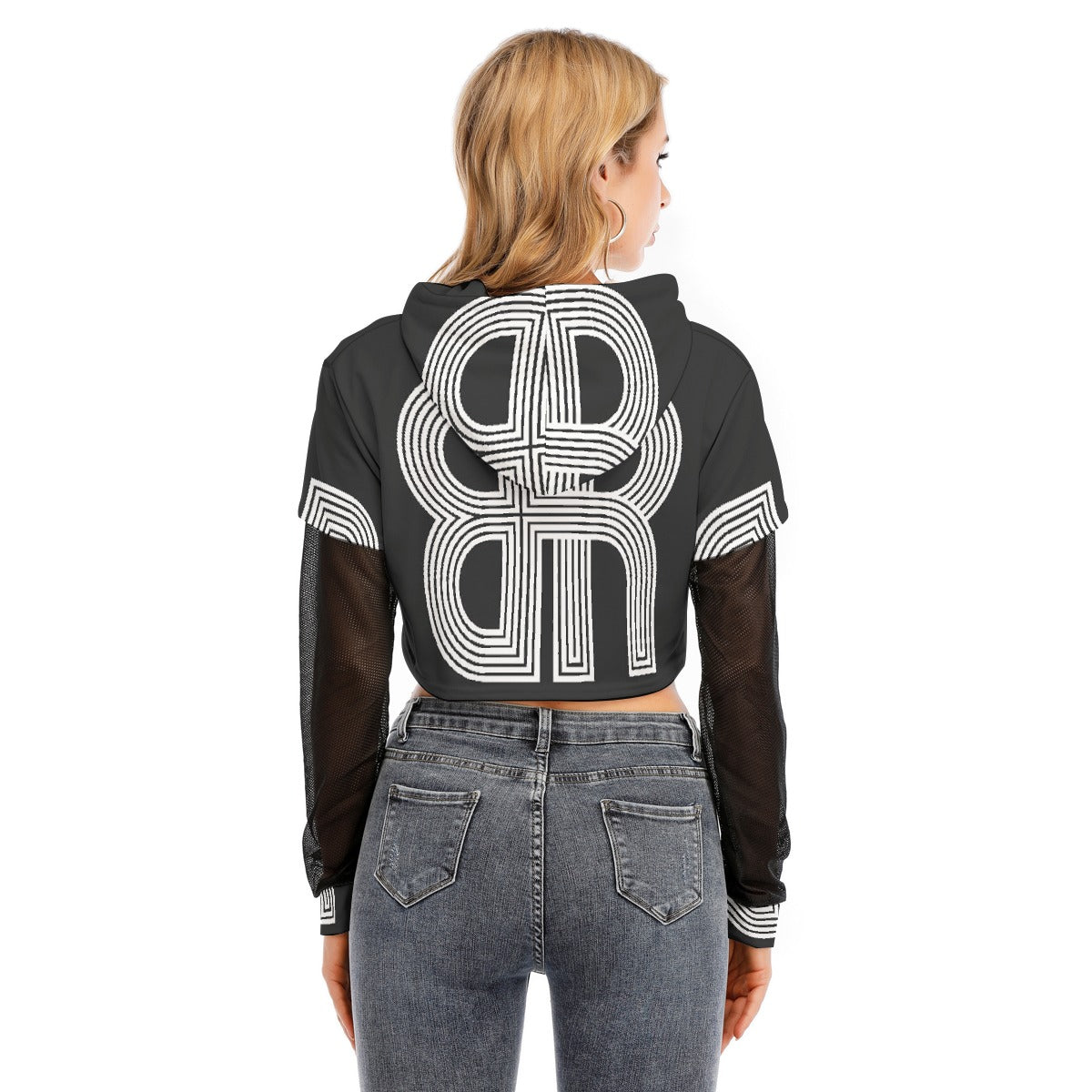 All-Over Print Women's Fake Two-piece Mesh Sleeve Cropped Hoodie