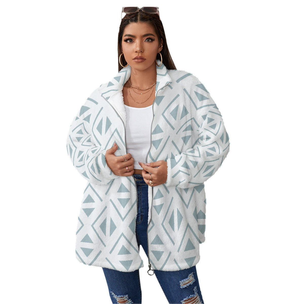 All-Over Print Unisex Borg Fleece Stand-up Collar Coat With Zipper Closure(Plus Size)