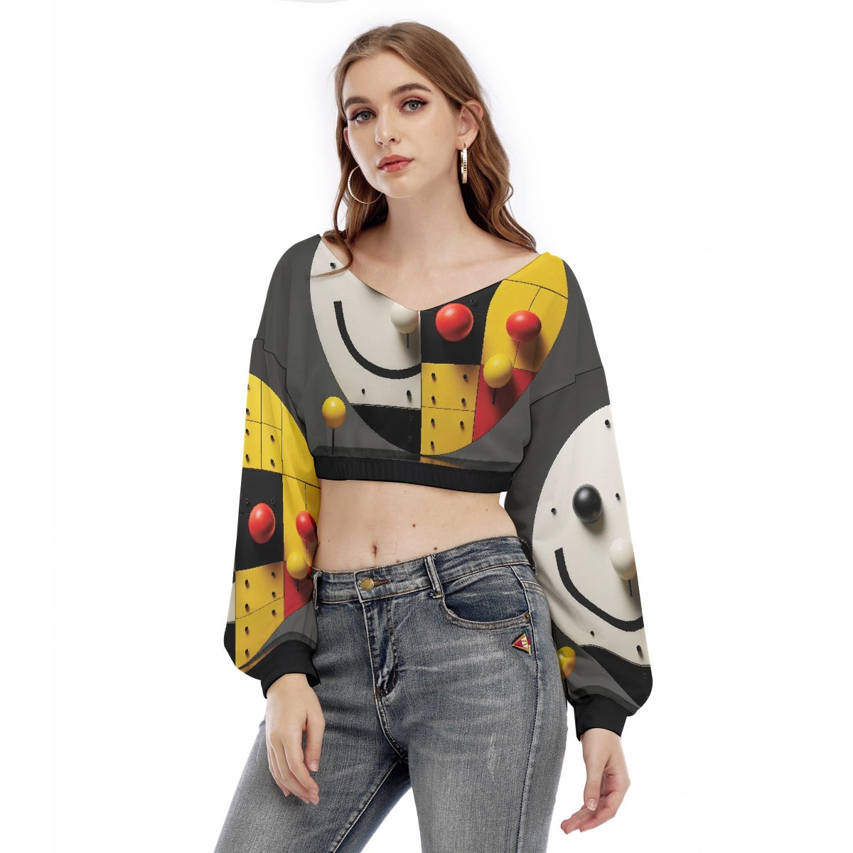 All-Over Print Women's V-neck Long Sleeve Cropped Sweatshirt