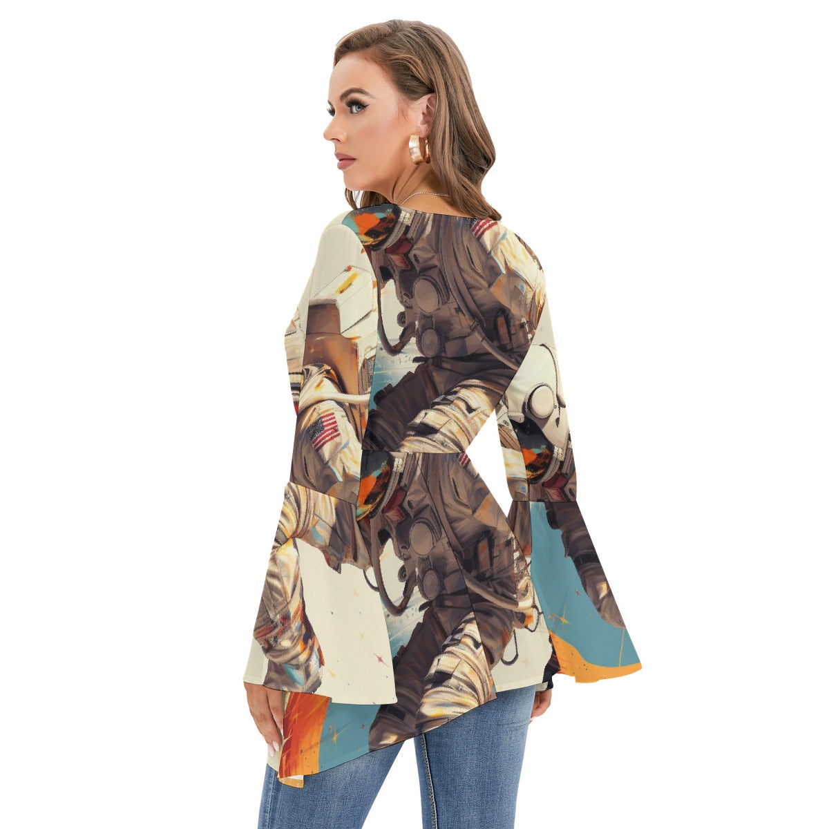 All-Over Print Women's V-neck Blouse With Flared Sleeves