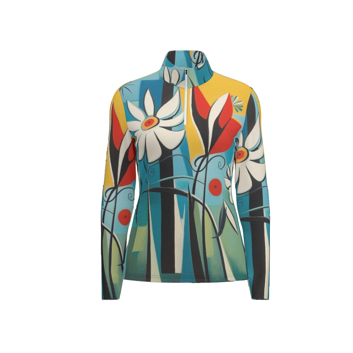 All-Over Print Women's Sports Collar Jersey With Long Sleeve