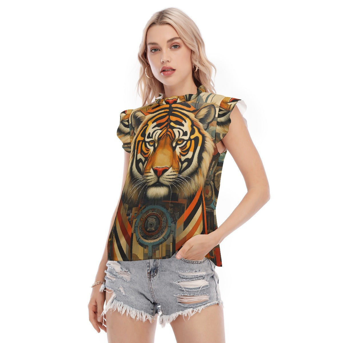 All-Over Print Women's Blouse With Ruffle Collar And Sleeve