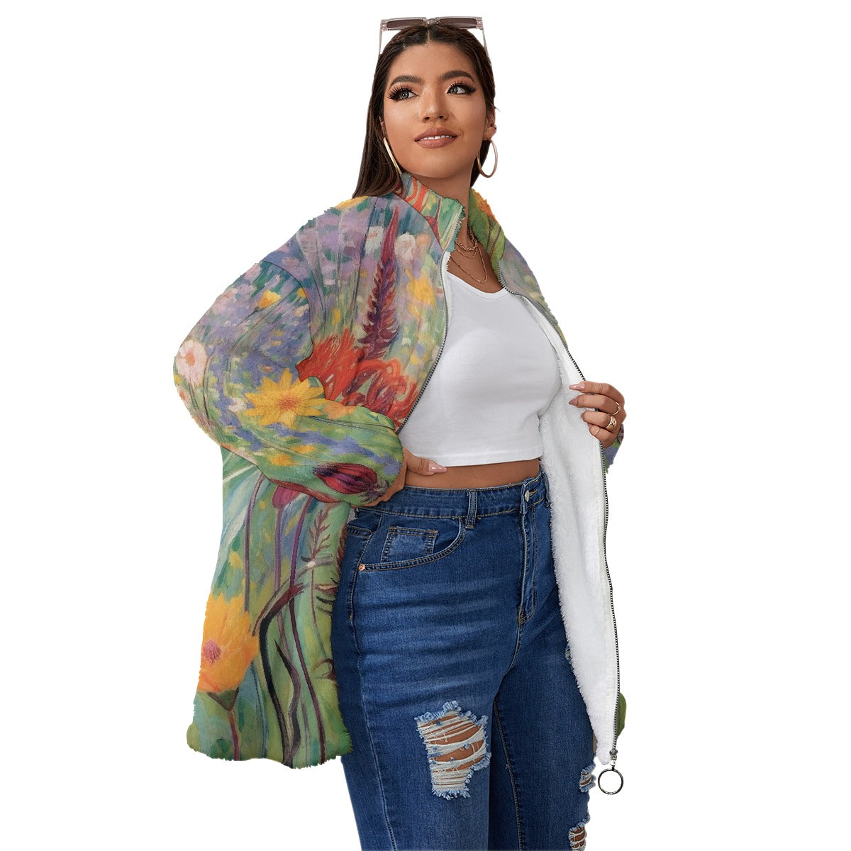 All-Over Print Unisex Borg Fleece Stand-up Collar Coat With Zipper Closure(Plus Size)