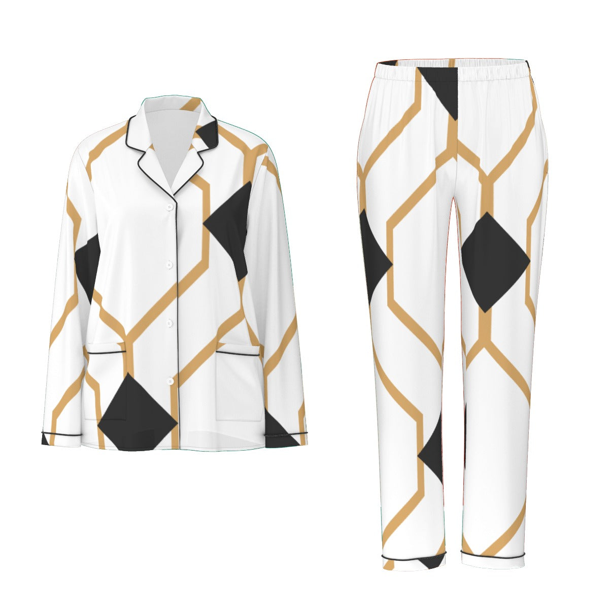 All-Over Print Women's Long Sleeve Pajama Set With Black Contrast Piping